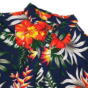 Cotton & Co Men's XXL Hawaiian Shirt Navy Blue Floral Hibiscus Aloha Button Down